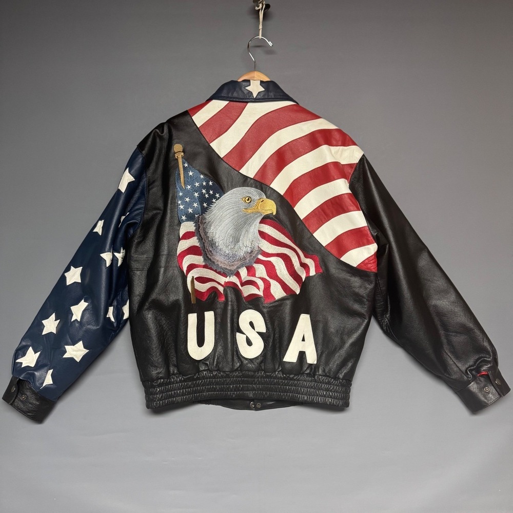 Lucky Leather World USA American Flag Eagle Bomber Jacket Mens Sz‎ Large